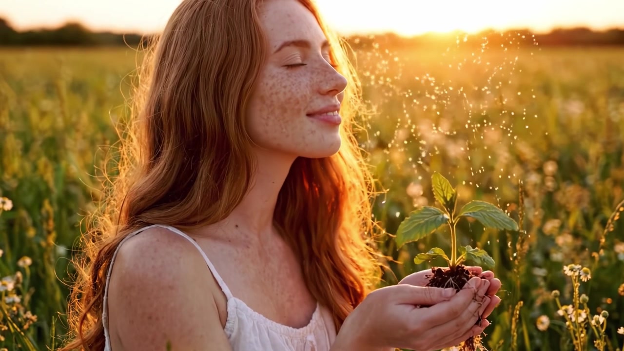 Una giovane donna che cura una pianta verde tra le mani, avvolta nel caldo bagliore del tramonto su un campo pacifico di vegetazione vibrante, simboleggiando speranza e nuovi inizi.