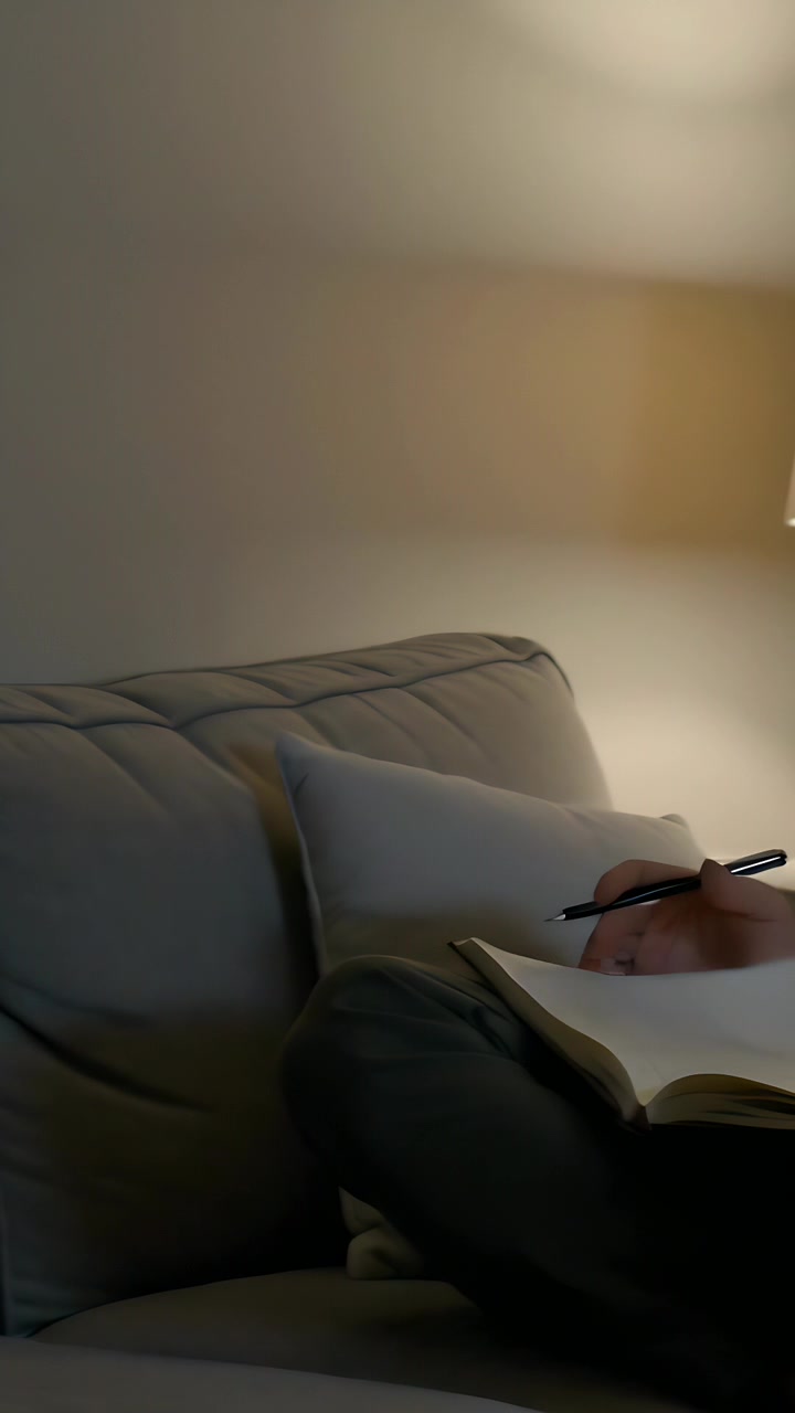 Video verticale: Telecamera che si sposta a destra, un adulto con maglione grigio che scrive con una penna su un quaderno sul divano.