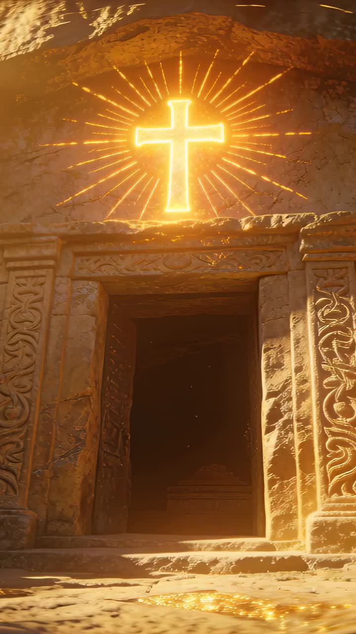 Croce dorata luminosa che pulsa e invia particelle sui gradini, illuminando lo stipite intagliato, segnalando un'apertura