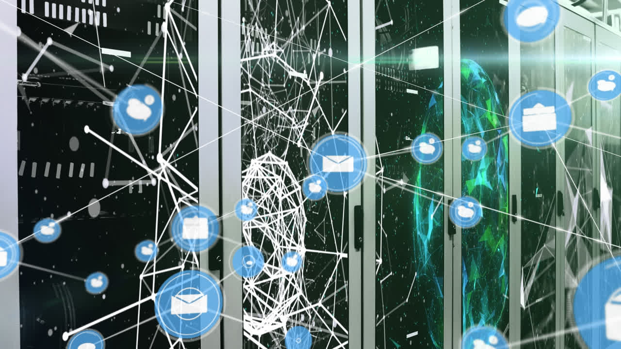 Animation of network of connections with icons over servers