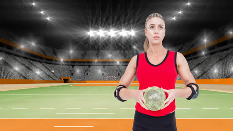 animación de una jugadora de balonmano caucásica sosteniendo la pelota sobre un estadio deportivo