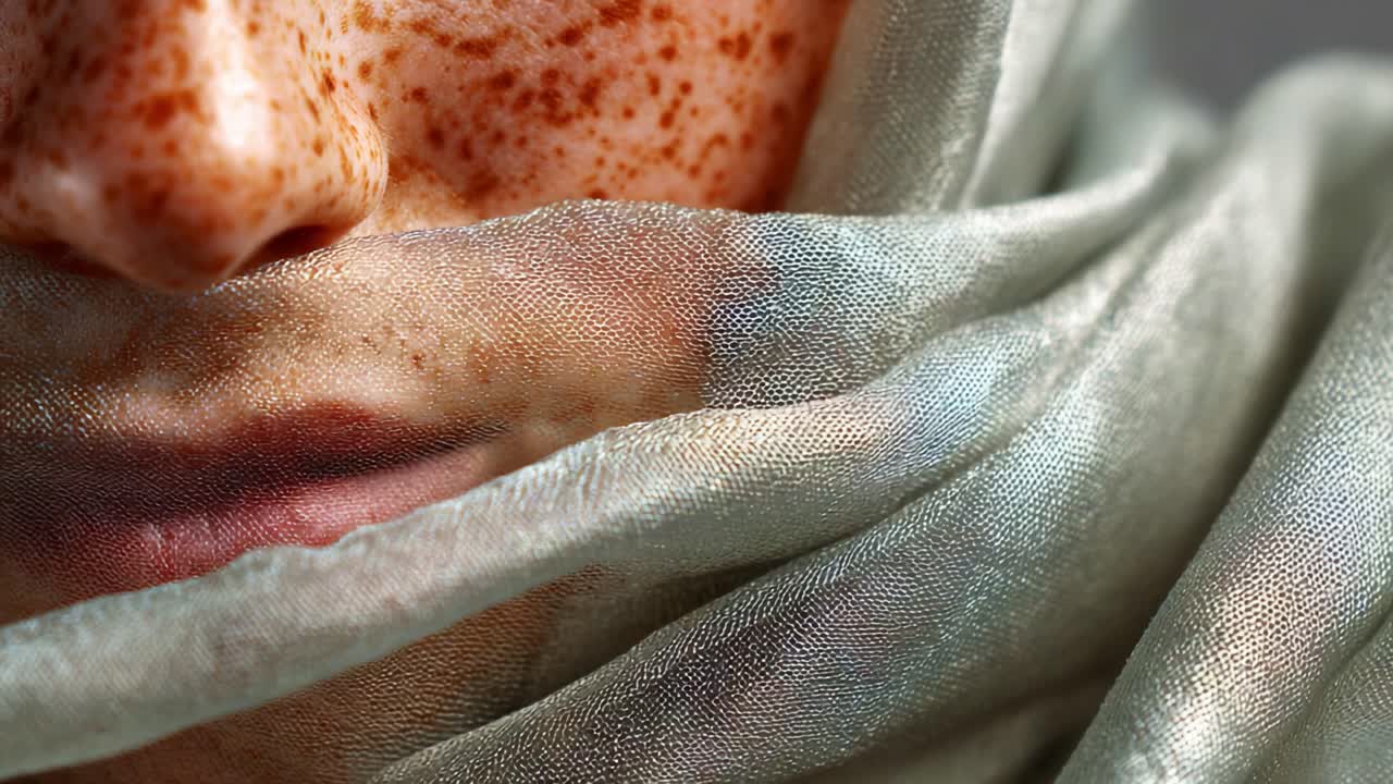 A Close-Up View of a Person's Freckled Face, Partially Hiding Behind a Soft, Silk Scarf, Creating an Intriguing and Mysterious Visual Expression of Beauty and Culture