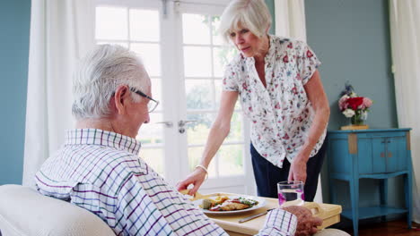 Ältere-Frau-Serviert-Dem-älteren-Mann,-Der-Zu-Hause-Sitzt,-Das-Abendessen