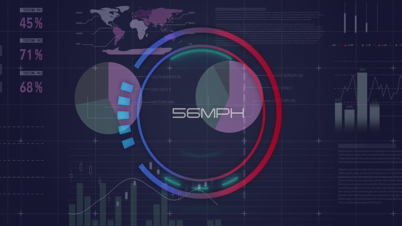animación del velocímetro sobre el procesamiento de datos estadísticos contra un fondo azul