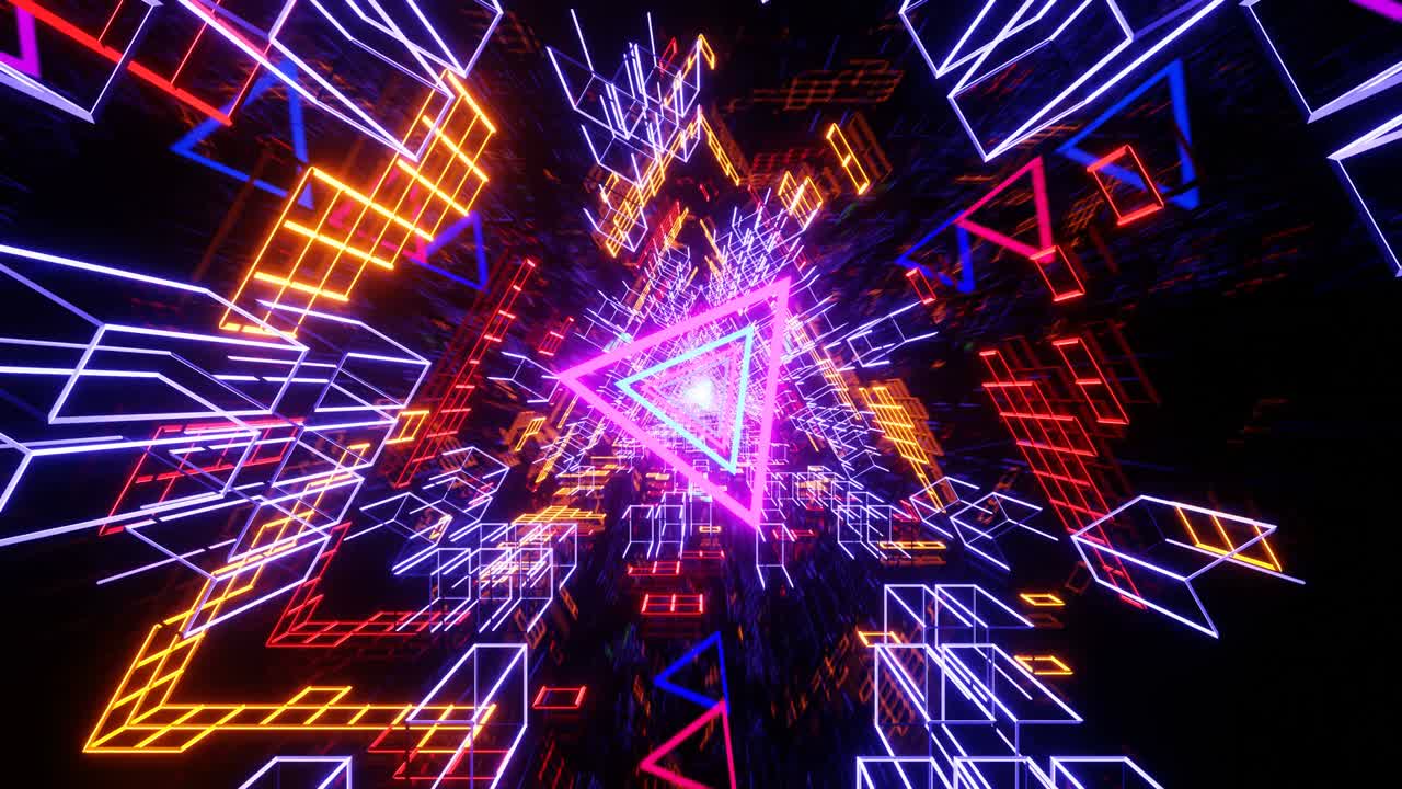 es un túnel de neón fantásticamente brillante y reluciente con triángulos voladores brillantes.