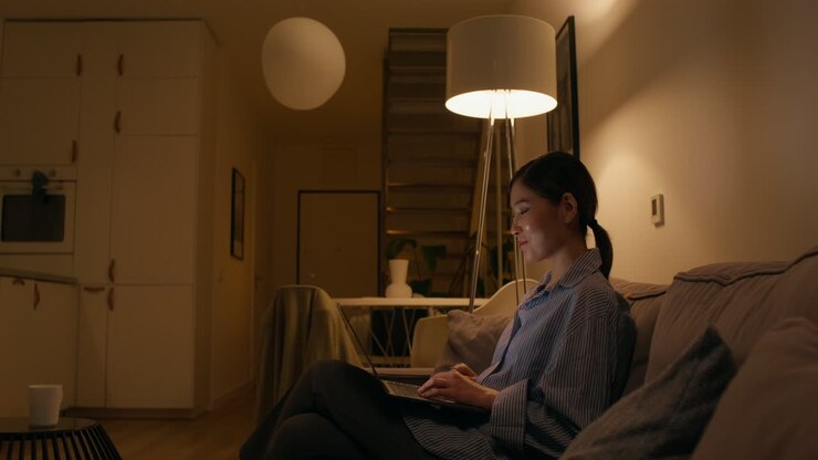 Woman Working on Laptop at Home at Night