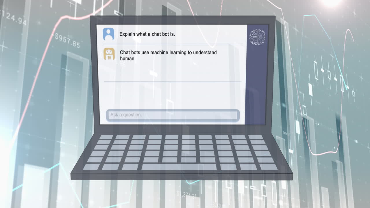 animación de procesamiento de datos ai, chat, estadísticas e iconos en la pantalla del portátil