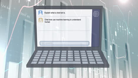 Animation of ai data processing, chat, statistics and icons over laptop screen