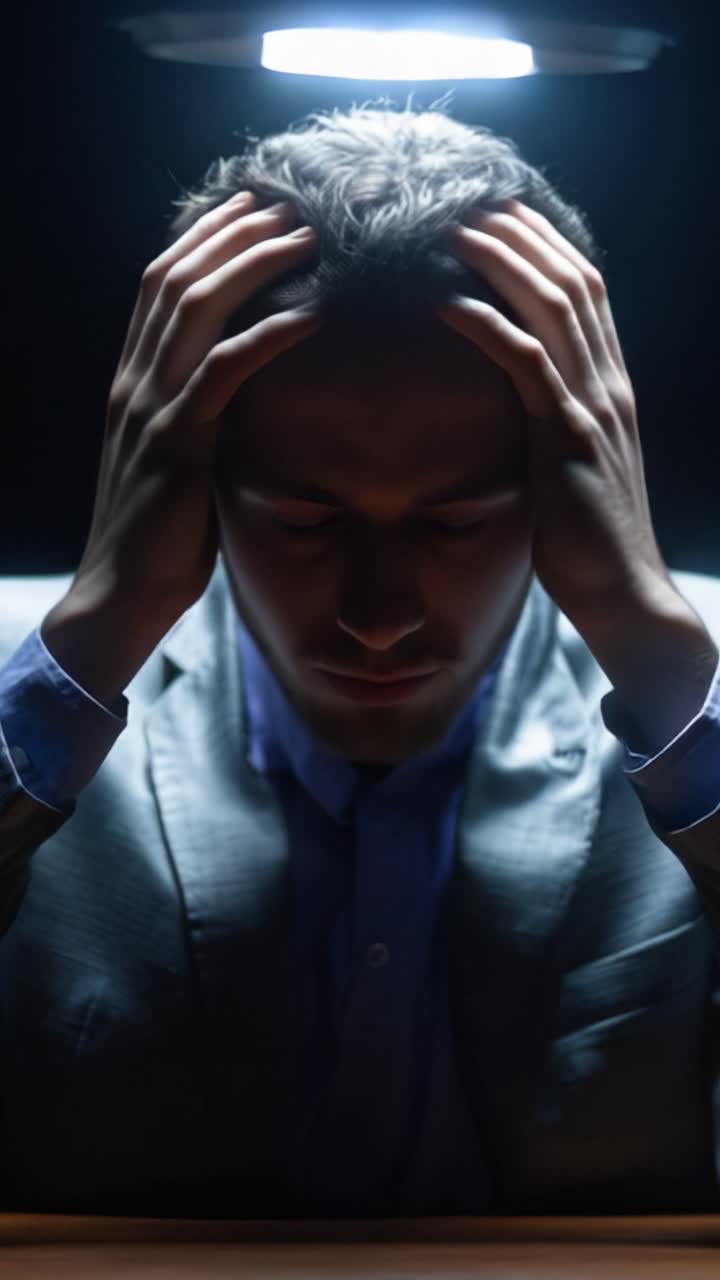 A Troubled Individual in Deep Thought, Overwhelmed by Stress and Anxiety Under a Bright Light, Capturing the Essence of Inner Conflict and Concentration