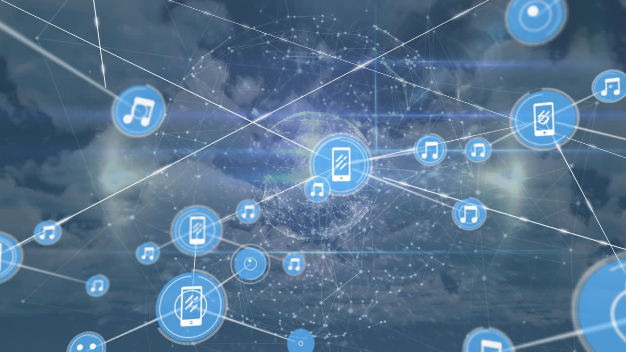 지구, 하늘 및 구름에 대한 아이콘으로 연결된 네트워크의 애니메이션