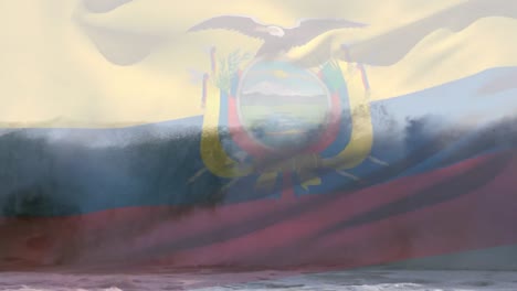 Digitale-Komposition-Der-Wehenden-Ecuadorianischen-Flagge-Gegen-Wellen-Im-Meer