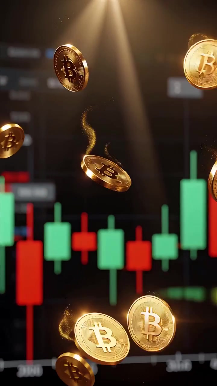 Moedas de Bitcoin douradas com fundo de gráfico de velas desfocado 4K
