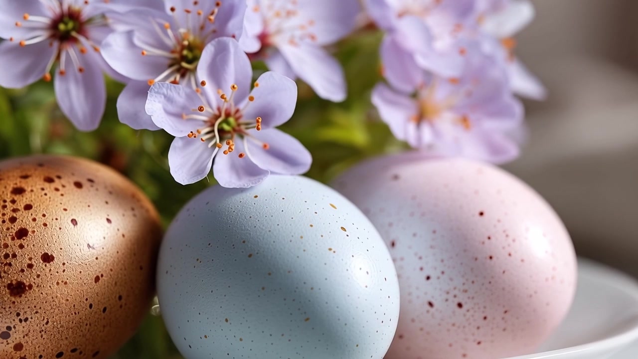 Close-up of Speckled Easter Eggs and Delicate Spring Flowers