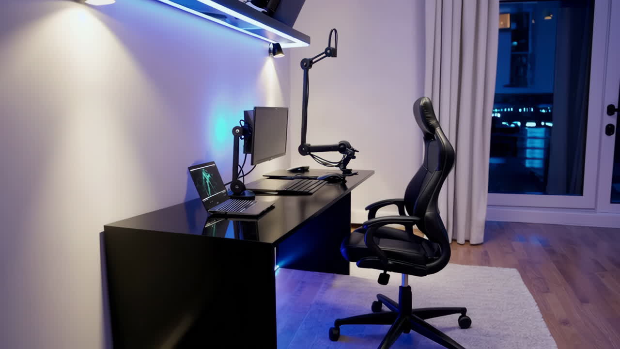 Modern Gaming and Streaming Desk Setup with LED Lighting