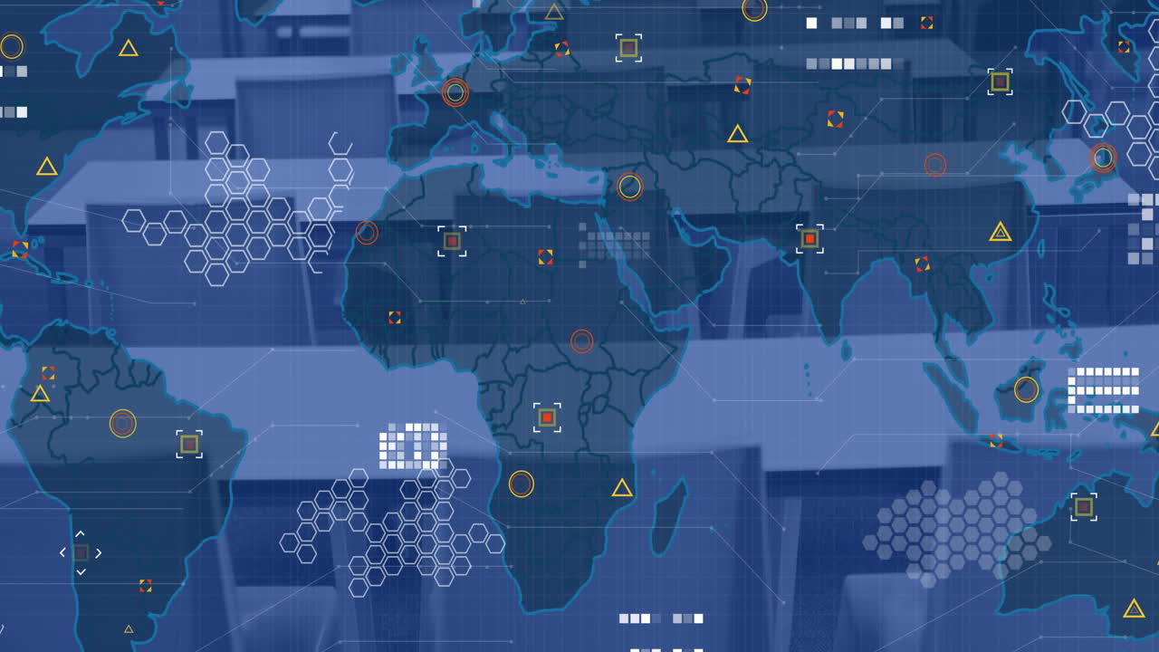 Animation of data processing with world map over empty desks in office
