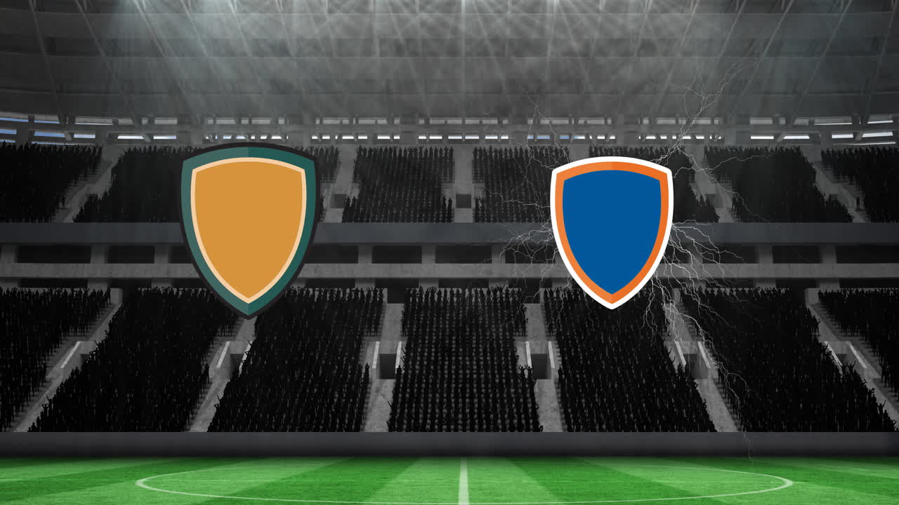 Animation of yellow and blue emblems with copy space and lighting over sports stadium