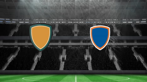 animación de emblemas amarillos y azules con espacio de copia e iluminación sobre el estadio deportivo