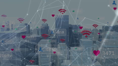 animation of connections and social media reactions over cityscape
