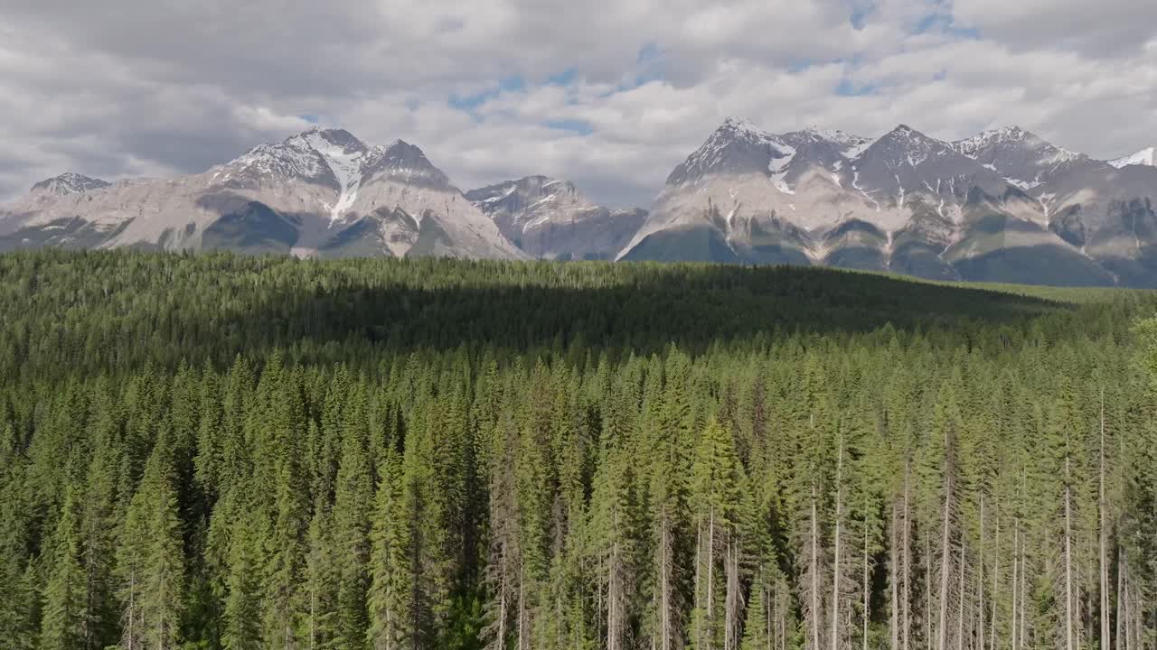 drone panorámica derecha revelando altas montañas nevadas y un vasto bosque de pinos desierto cerca de banff y yoho parque nacional en canadá bajo un cielo parcialmente nublado
