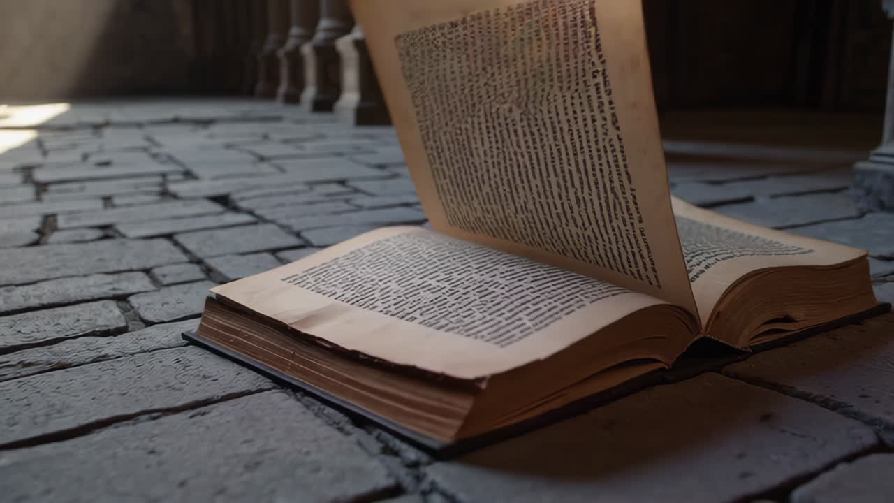 Antique Open Book in a Grand Library
