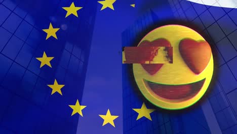 Animación-Del-Icono-Emoji-Y-La-Bandera-De-La-UE-Sobre-El-Paisaje-Urbano