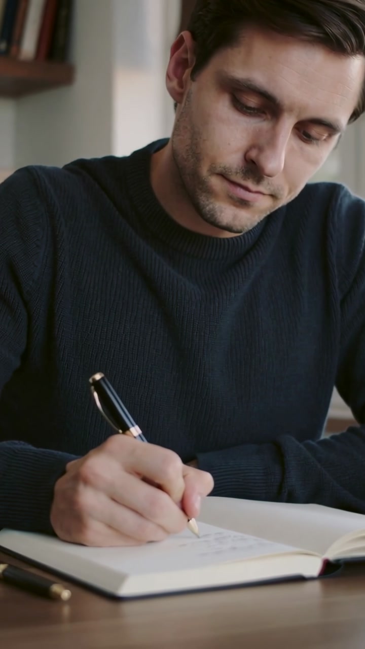 Vertical video: Placing pen, man in navy sweater taking notes in notebook in study, pausing twice