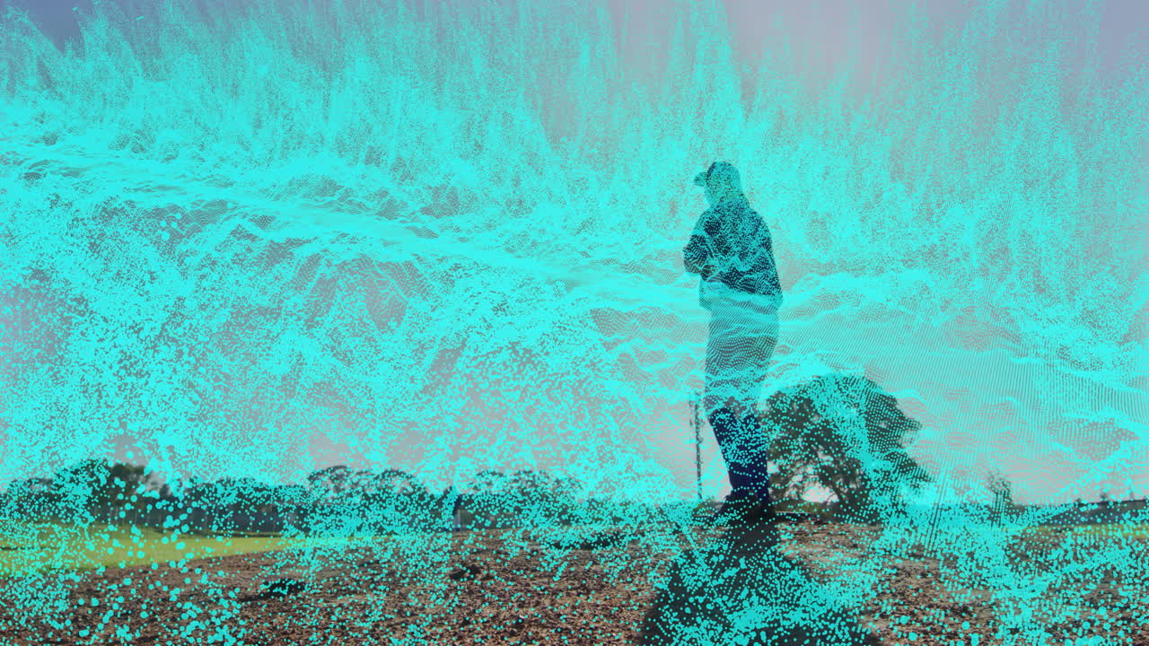 Woman standing on rural field, showing digital mesh overlay, delivering agriculture technology data