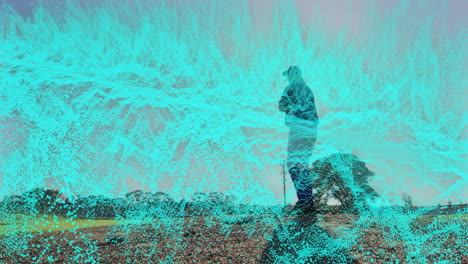 woman standing on rural field, showing digital mesh overlay, delivering agriculture technology data