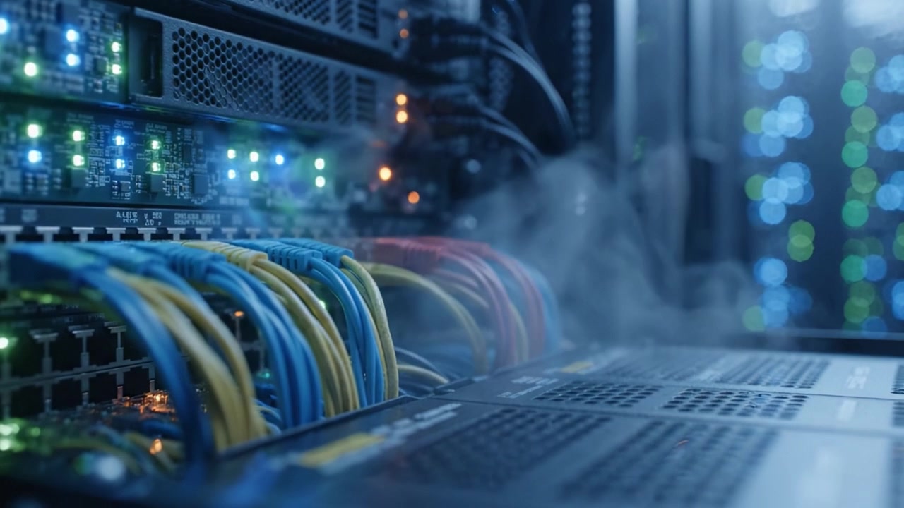 Exploring Modern Data Center Connectivity: A Close-up View of Network Cables and Server Hardware Illuminated by Colorful LED Lights