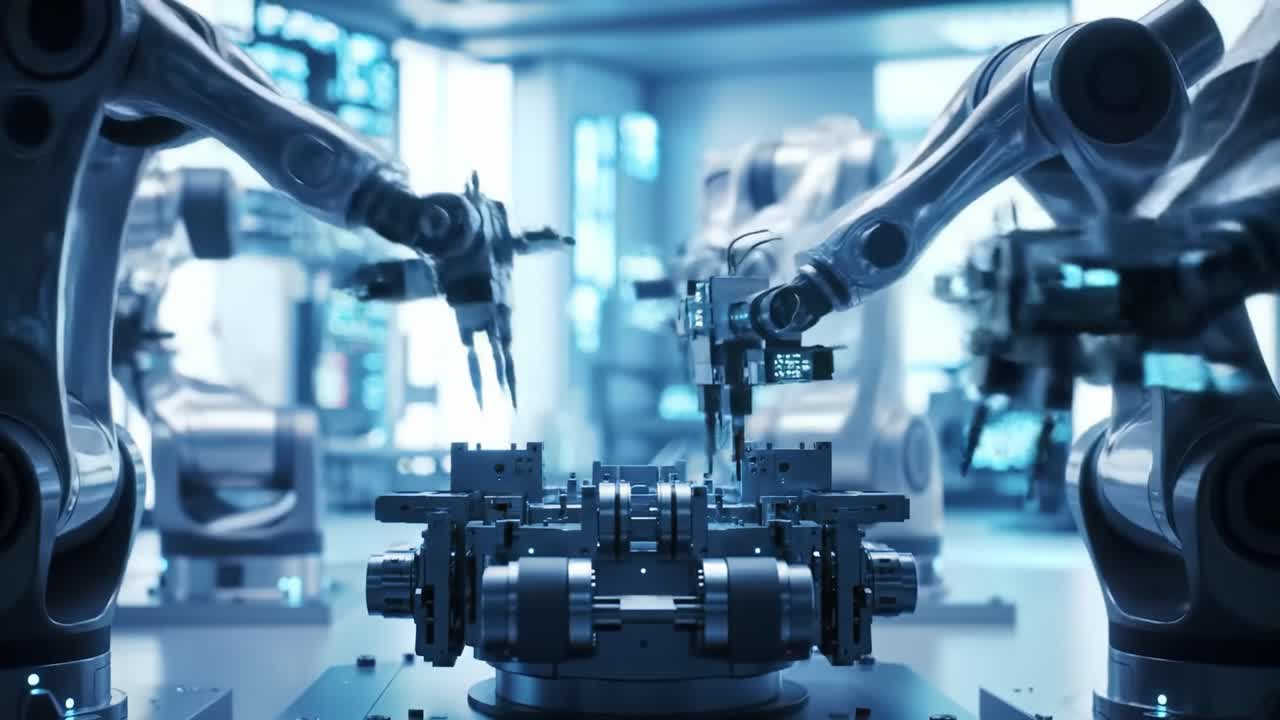 Cutting-Edge Automation: Robotic Arms Collaborate in High-Tech Environment for Precision Assembly and Streamlined Manufacturing Solutions