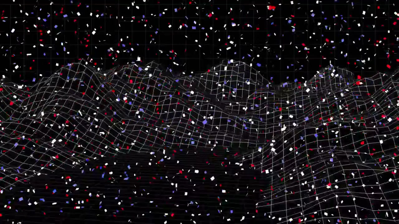 Wireframe grid emerging on black undulating with tricolor fragments drifting for visualization