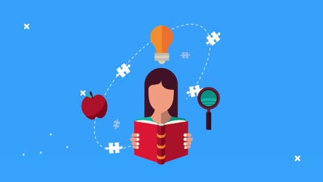 mujer leyendo libro de texto y aprendiendo conjunto de iconos animación
