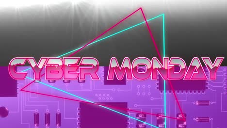 Animation-of-cyber-monday-text-over-geometrical-shapes-and-processor-cores