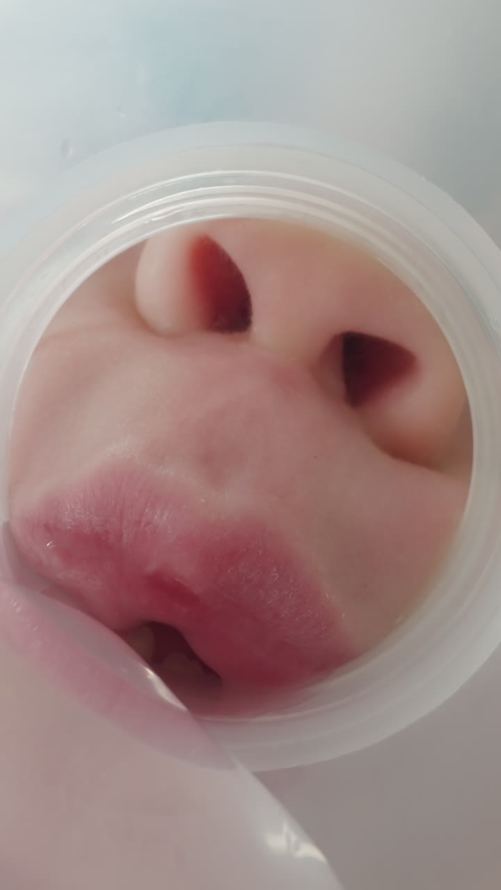 Toothless girl drinks water in small sips. Cute child holds transparent plastic bottle with measuring marks and drinks refreshing liquid macro low angle shot