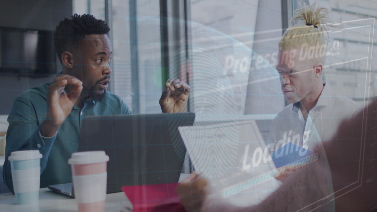 Animation of data processing over diverse business people in office
