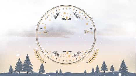 Animation-of-christmas-snow-falling-over-decorative-round-sign-with-copy-space-on-winter-landscape