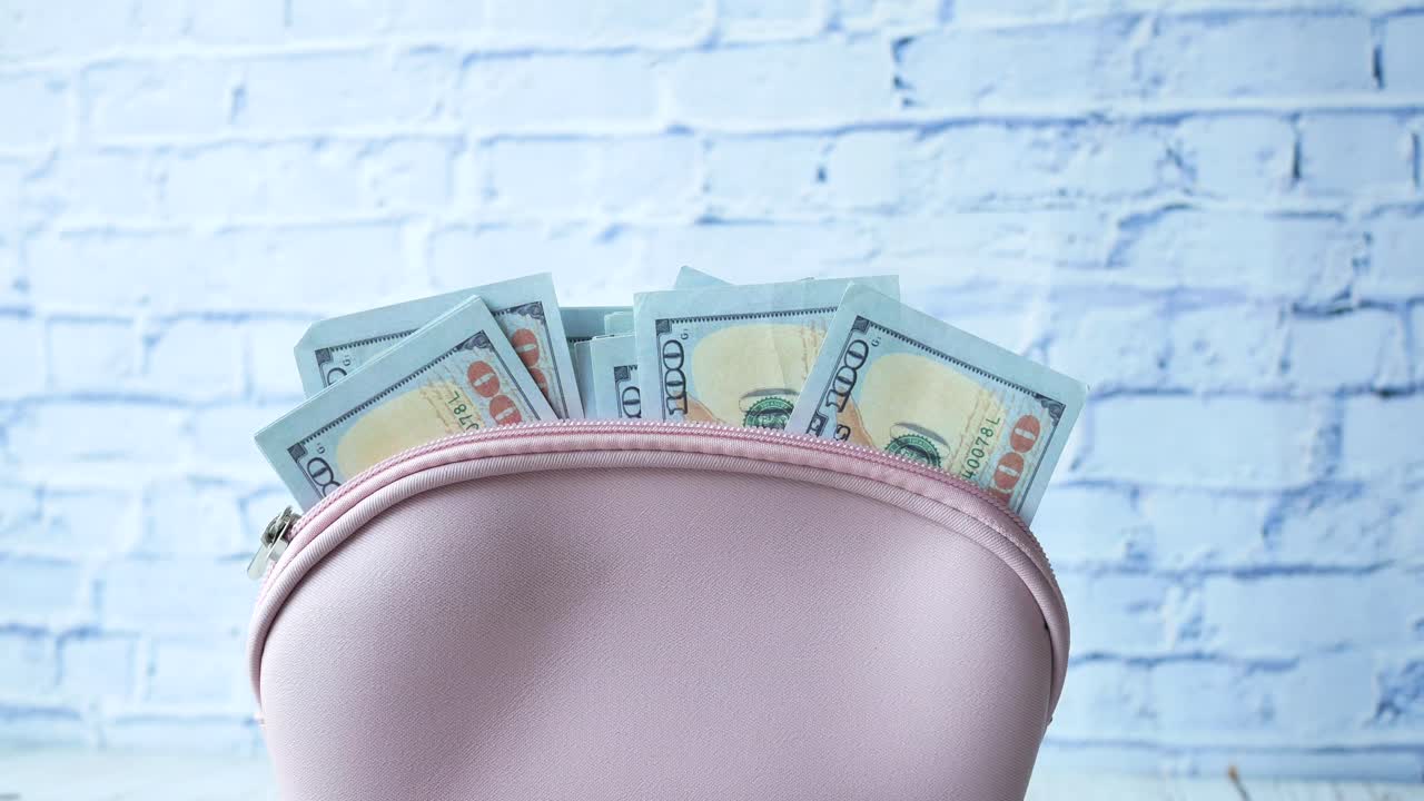 미국 달러를 가진 분홍색 지갑