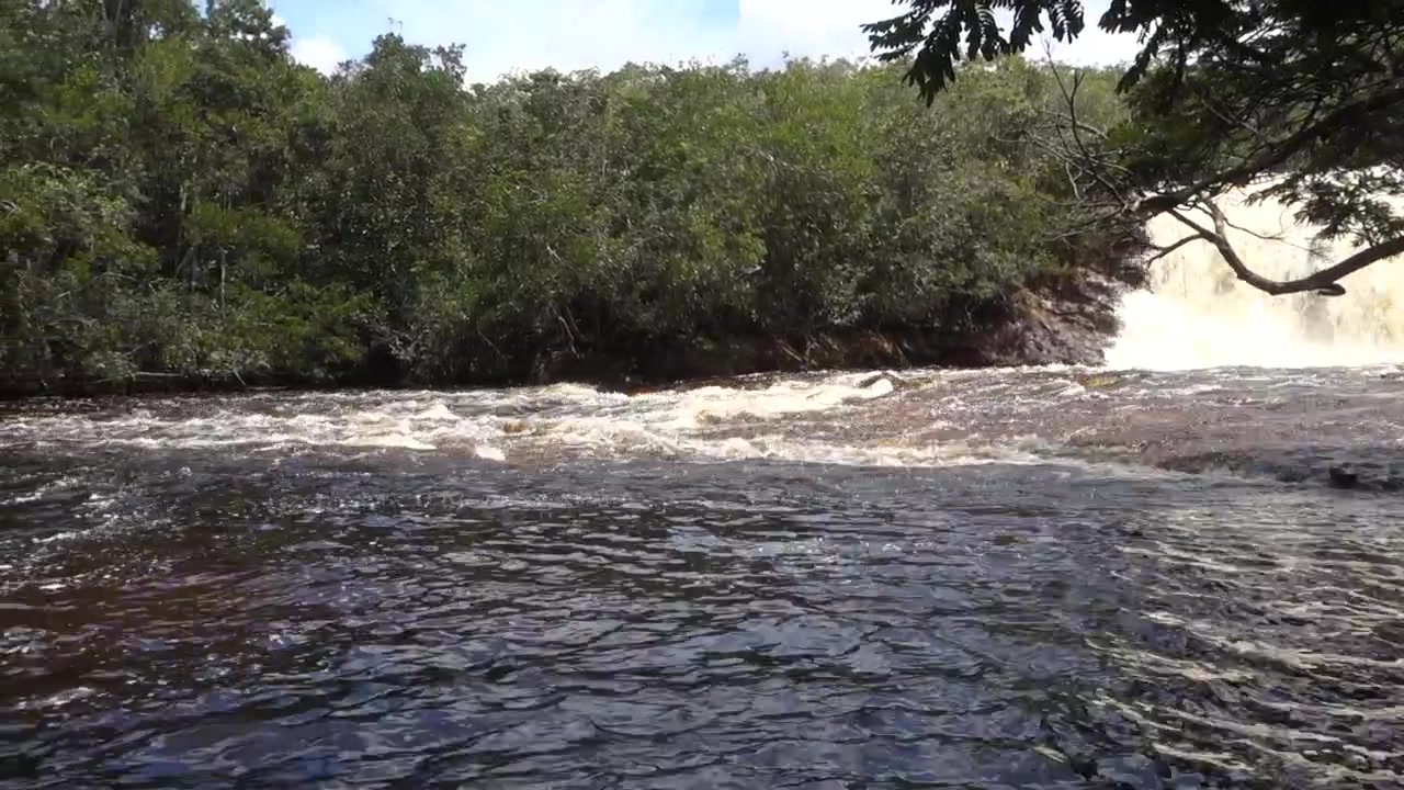 Grande cachoeira e rio com água escura em Presidente Figueiredo, Amazonas, Brasil.