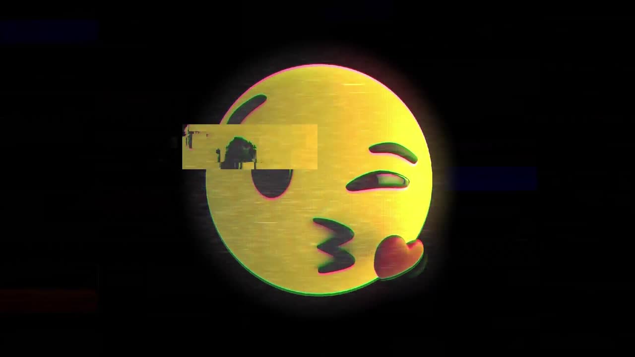 animación digital del efecto de falla sobre la cara soplando un emoji de beso contra un fondo negro