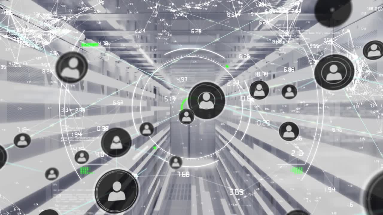 Animation of network of connections with icons over computer servers