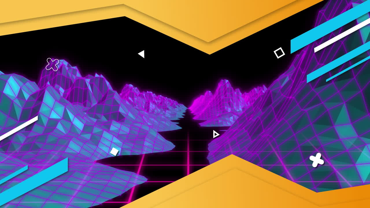 흑색 배경에 대한 3d 산의 공중 시야에서 선과 추상적인 패턴의 애니메이션