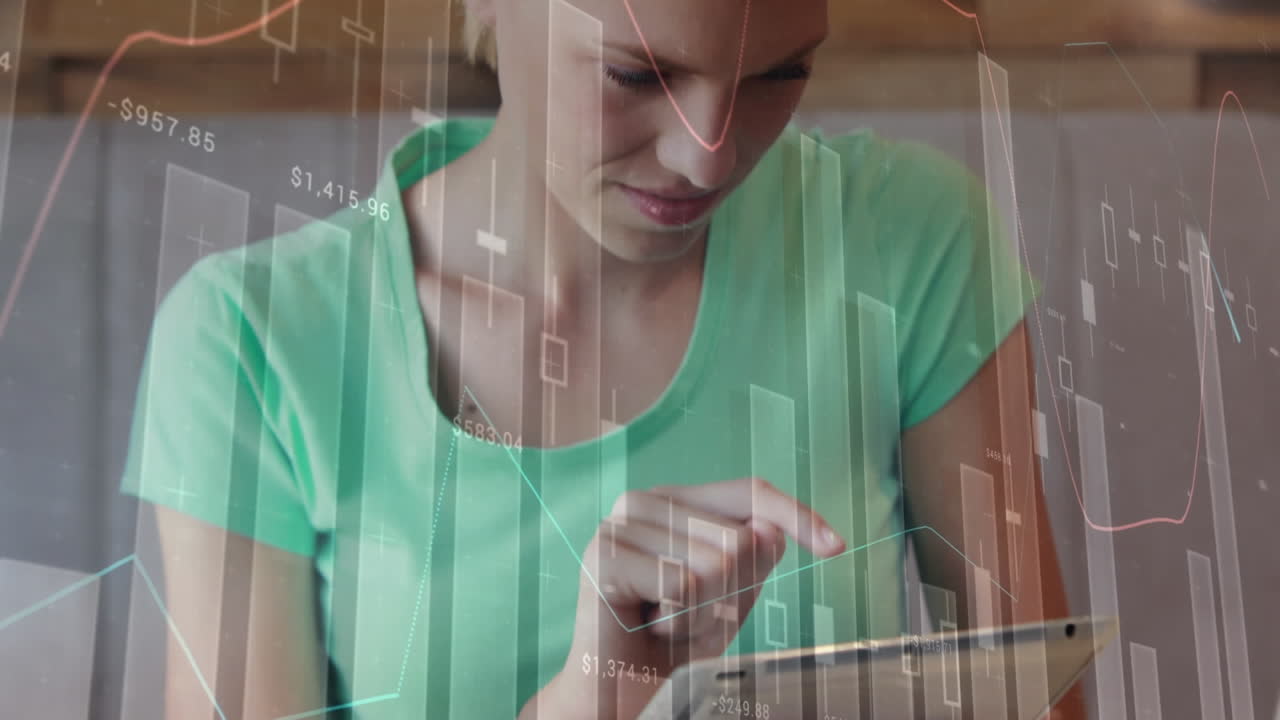 animación de múltiples gráficos con números sobre mujer caucásica usando tableta digital en cafés.