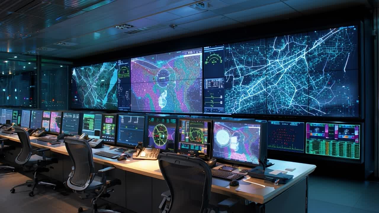 Sala di controllo notturna che mostra analisi dei dati high-tech