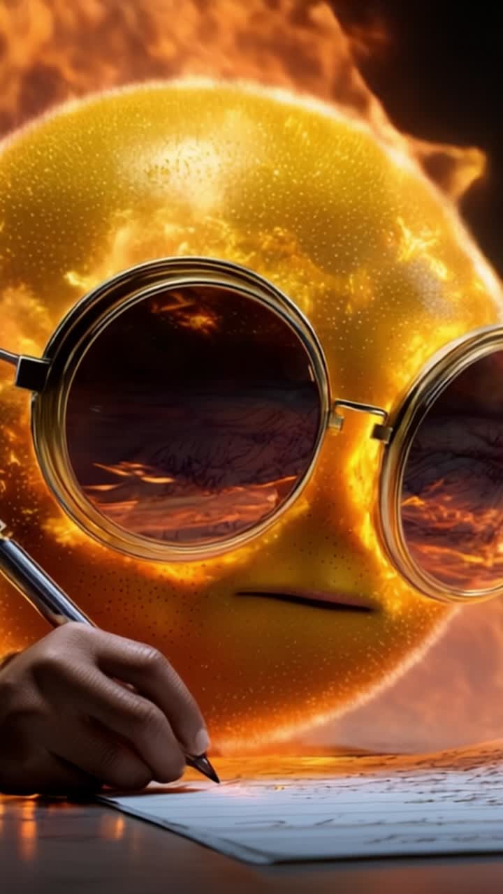 サングラスをかけた燃える太陽のキャラクターが、熱心にメモを取る姿。ドラマチックな炎の背景を背に、温かさと鮮やかな輝きを放ち、見る者の目を惹きつける。