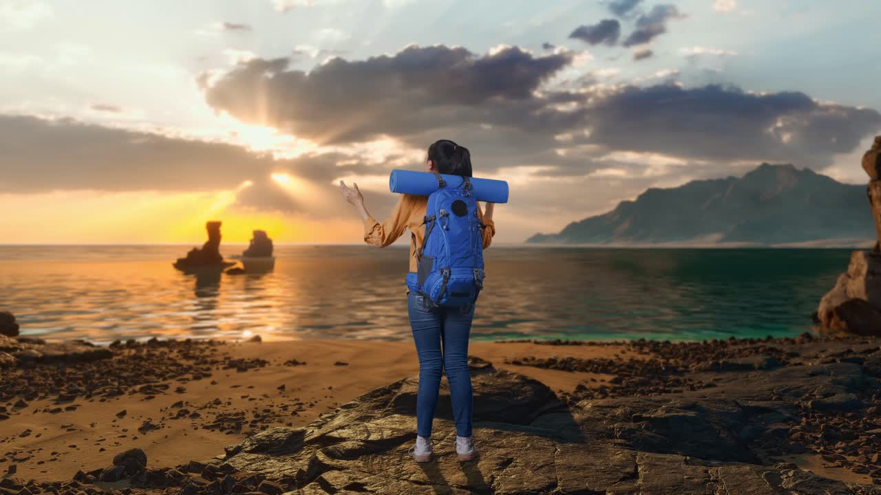 Full Body Back View Of A Female Hiker With Mountaineering Backpack Spreading Arms And Looking The View Around While Standing on Beach During Sunset Time