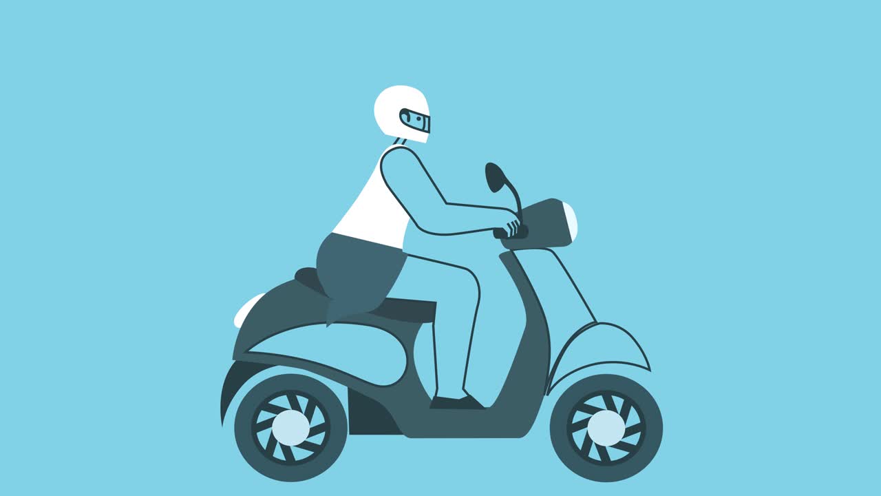 평평한 여성은 모터 스쿠터를 타고 있습니다. 평평한 디자인 만화 캐릭터 고립 루프 2d 애니메이션과 알파