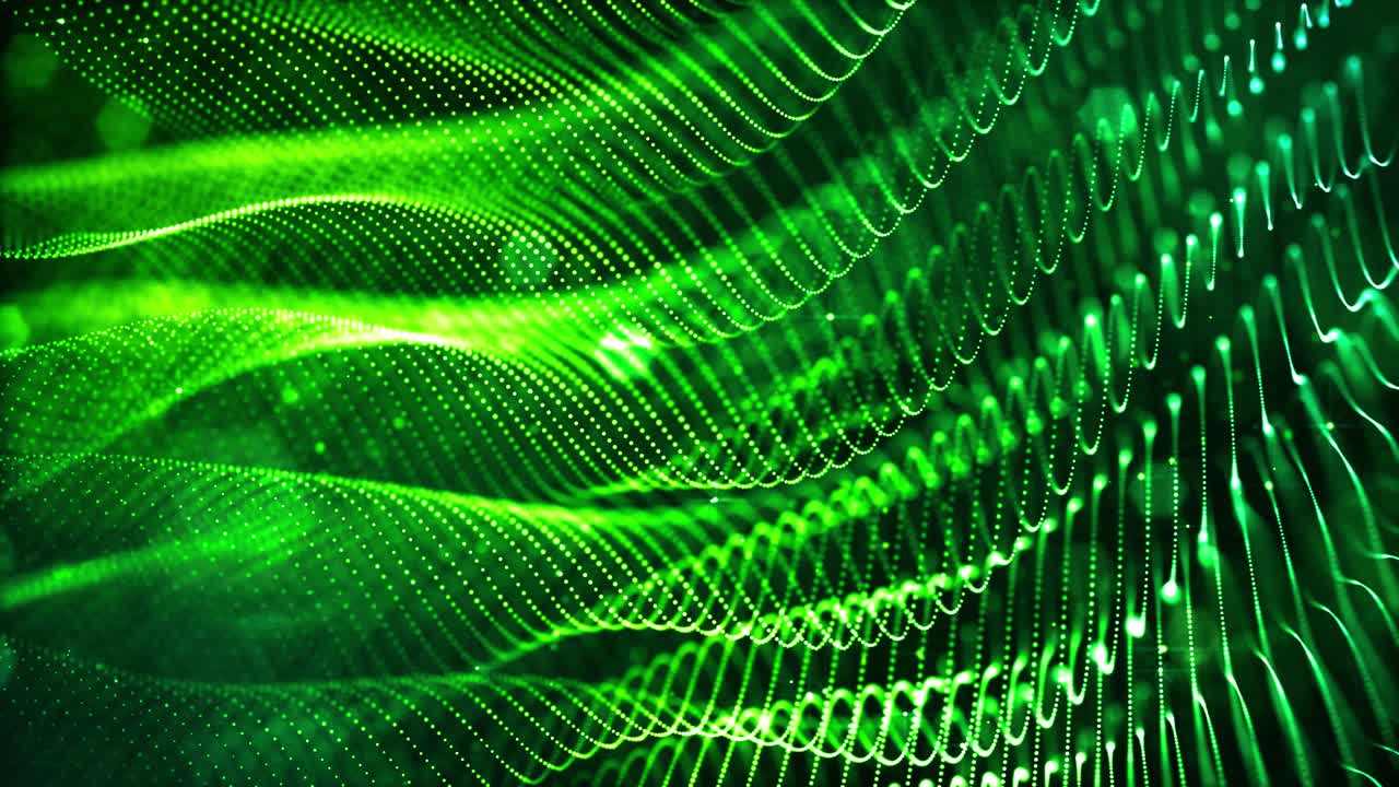 4k looped science fiction particle background with bokeh, light effects. Glow green color particles form lines, surfaces, complex structures. Suitable for sci-fi themes or as vj loop motion design bg