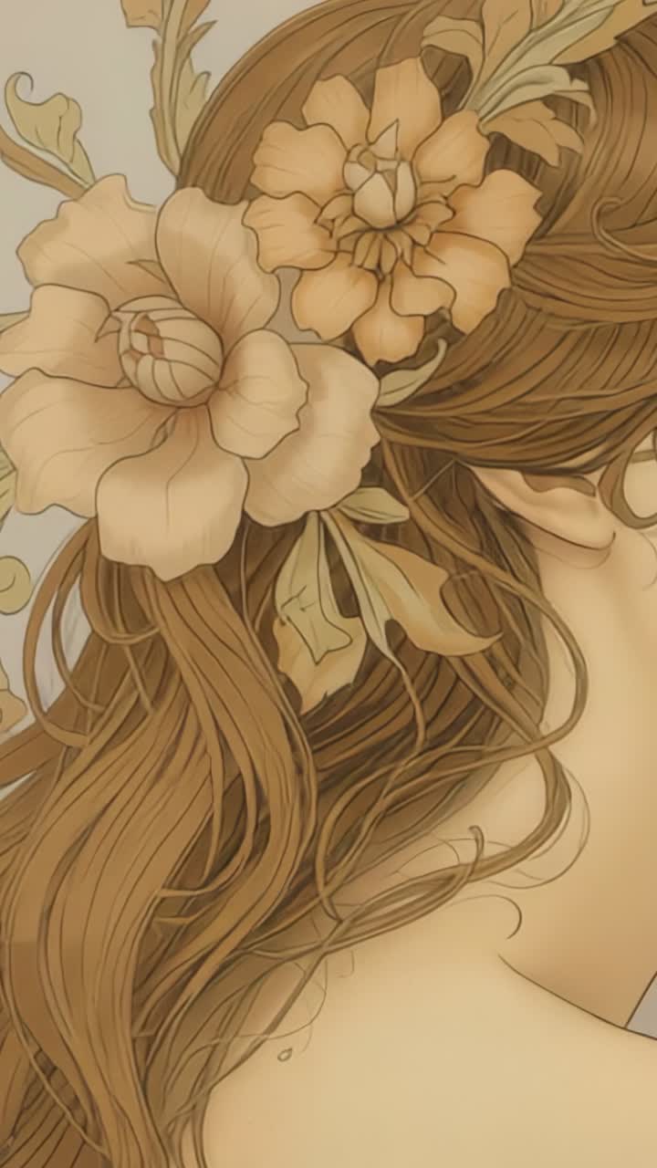 Vertical video: Depicting woman profile facing right on beige wall, with styled flowers and leaves