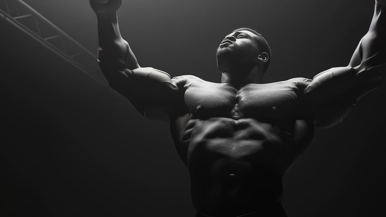 Bodybuilder posing under stage lights showing muscles
