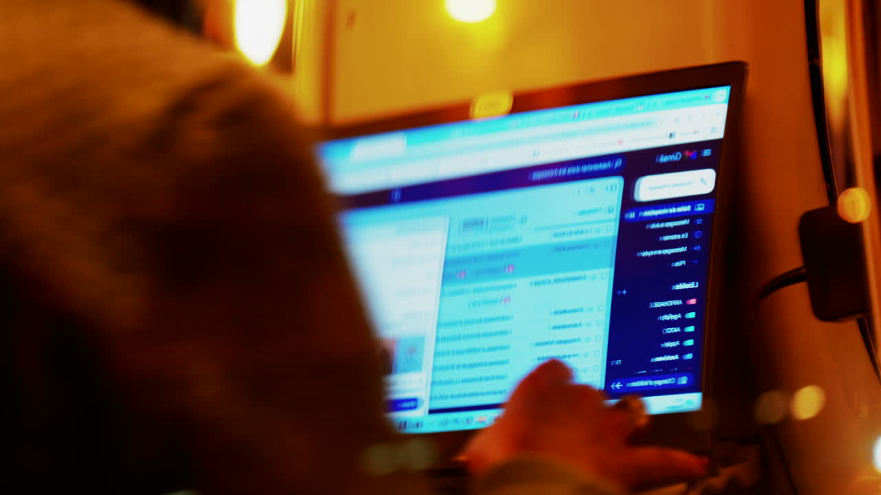 Blurred view of a man working on his laptop in a train